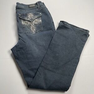 Earl Women's Jeans Slim‎ Boot 14 Blue Denim Embroidered Flap Pockets